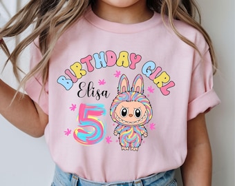 Custom Name Birthday Girl Shirt, Personalized Age Birthday Tee, Kawaii Monster Rainbow Birthday Shirt, Cute Girl Party Outfit Kids Tee