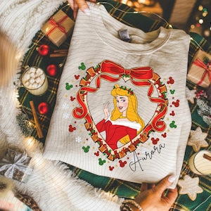 Xmas Coquette Freme Aurora Sweatshirt, Gift Aurora New year Tee, All Princess Custom Xmas Shirts, Elsa Rapunzel Tiana T-Shirts image 1