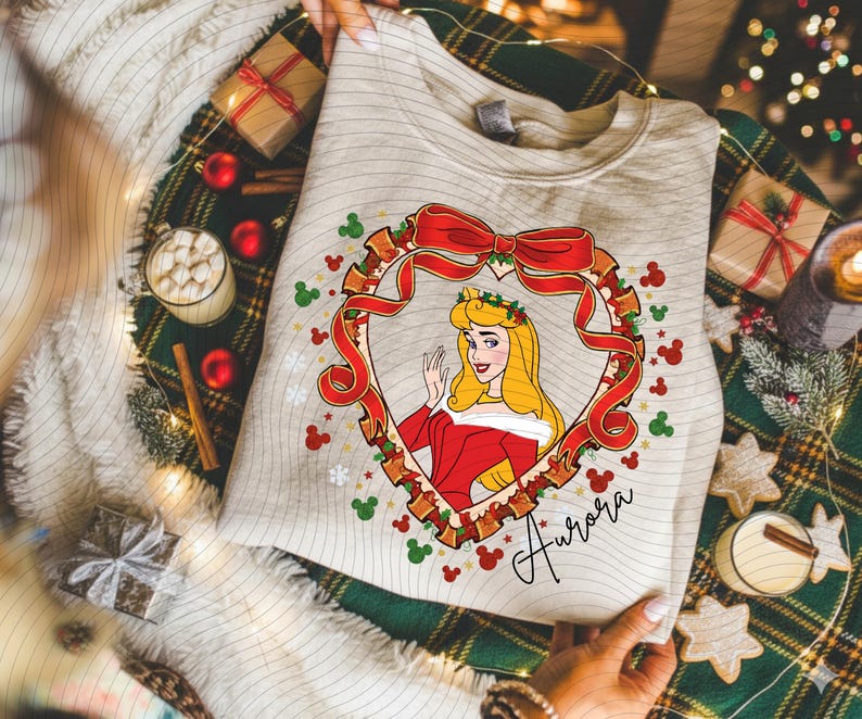 Xmas Coquette Freme Aurora Sweatshirt, Gift Aurora New year Tee, All Princess Custom Xmas Shirts, Elsa Rapunzel Tiana T-Shirts image 1