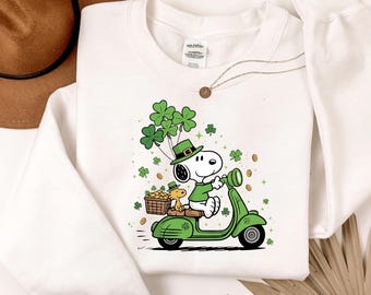 Lucky Cute Dog Shirt or Sweatshirt, St Patrick’s Day Cartoon Tee, Irish Dog Scooter Shirt, Shamrock Green Outfit, Funny St Patty Shirt