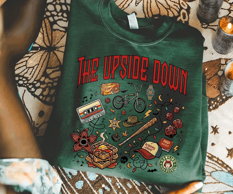 The Upside World Sweatshirt, Retro 80s Horror Icons Graphic Tee, Dark Fantasy Sci Fi Sweatshirt, Vintage Mystery Streetwear Hoodie image 5