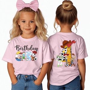 May include: A light pink short-sleeved t-shirt featuring the text Birthday Girl with Toy Story character graphics on the front and a large number four with Buzz Lightyear, Jessie, and Woody character graphics on the back.