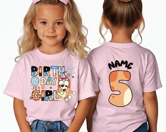Cartoon Dog Birthday Girl Shirt Front Back, Bingo Custom Name & Age, Personalized Party Tee | Bingo Theme Kids Birthday Shirt and Sweatshirt