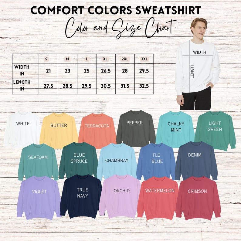 The image is a color and size chart for a variety of sweatshirts, with a man standing next to the chart and a collection of different colored sweatshirts displayed below.