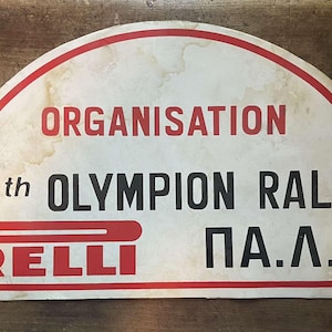 Placa de papelão grega vintage PIRELLI ΠΑΛΜΑ Organização 6º Rally Olímpico década de 1960