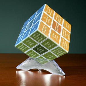 May include: A multi-colored puzzle cube featuring blue, orange, and green panels with white text printed on each square. The text includes phrases like 'Change the routine', 'Try a new hobby', 'Have real dialogue', and 'Listen deeply'. The cube is supported by a clear plastic stand.
