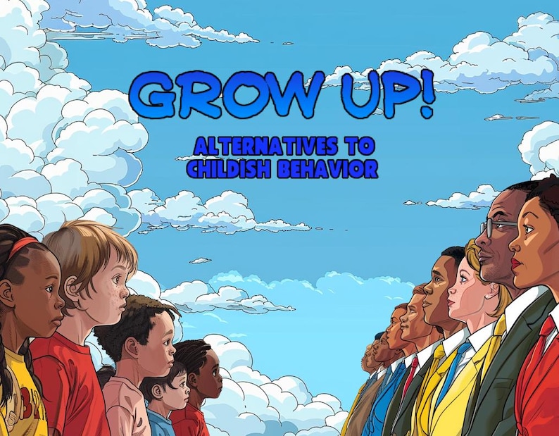 K&ouml;nnte beinhalten: Eine Cartoon-Illustration mit dem Text "GROW UP! ALTERNATIVES TO CHILDISH BEHAVIOR" in blauen Buchstaben vor einem blauen Himmel mit wei&szlig;en Wolken. Eine Gruppe von Menschen, sowohl Kinder als auch Erwachsene, schaut in den Himmel. Die Kinder befinden sich auf der linken Seite des Bildes und die Erwachsenen auf der rechten Seite des Bildes.