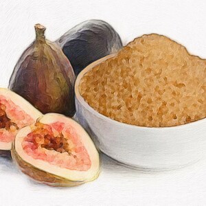 May include: A white bowl filled with brown sugar granules, next to two halved figs with pink flesh and a whole fig with a dark purple skin.