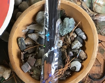 May include: A package of black incense sticks with blue and white decorative accents. The incense is wrapped in clear plastic and is sitting on a wooden bowl filled with rocks and other decorative items.