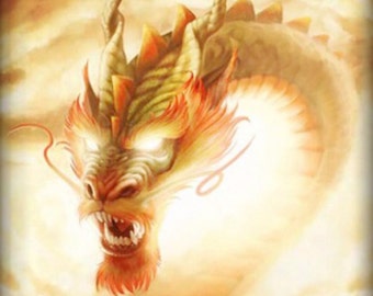 May include: A detailed illustration of a golden dragon with fiery red and orange accents. The dragon has glowing white eyes and sharp teeth, set against a bright, cloudy background. The artwork evokes a sense of power and fantasy.