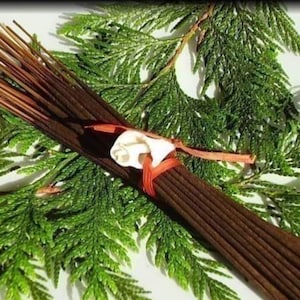 May include: A bundle of brown incense sticks tied together with a red ribbon and a white shell. The incense sticks are surrounded by green cedar branches.