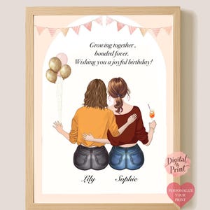 Aangepast cadeau, verjaardagscadeau voor haar, BBF verjaardagscadeau, vriendschap portret cadeau, cadeaus bestie, gepersonaliseerde printkaart, kunst aan de muur zus