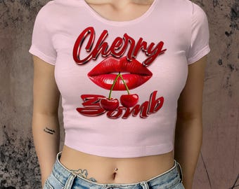 Cherry Bomb Shirt Organic Cotton Baby Tee, Y2K Crop Top with Vintage Cherry Lips Graphic, Retro Aesthetic Girlfriend Gift