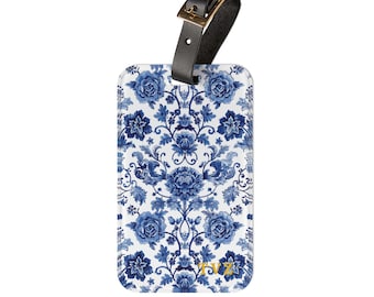 Blue Floral Luggage Tag: Delftware-Inspired, Custom Initials