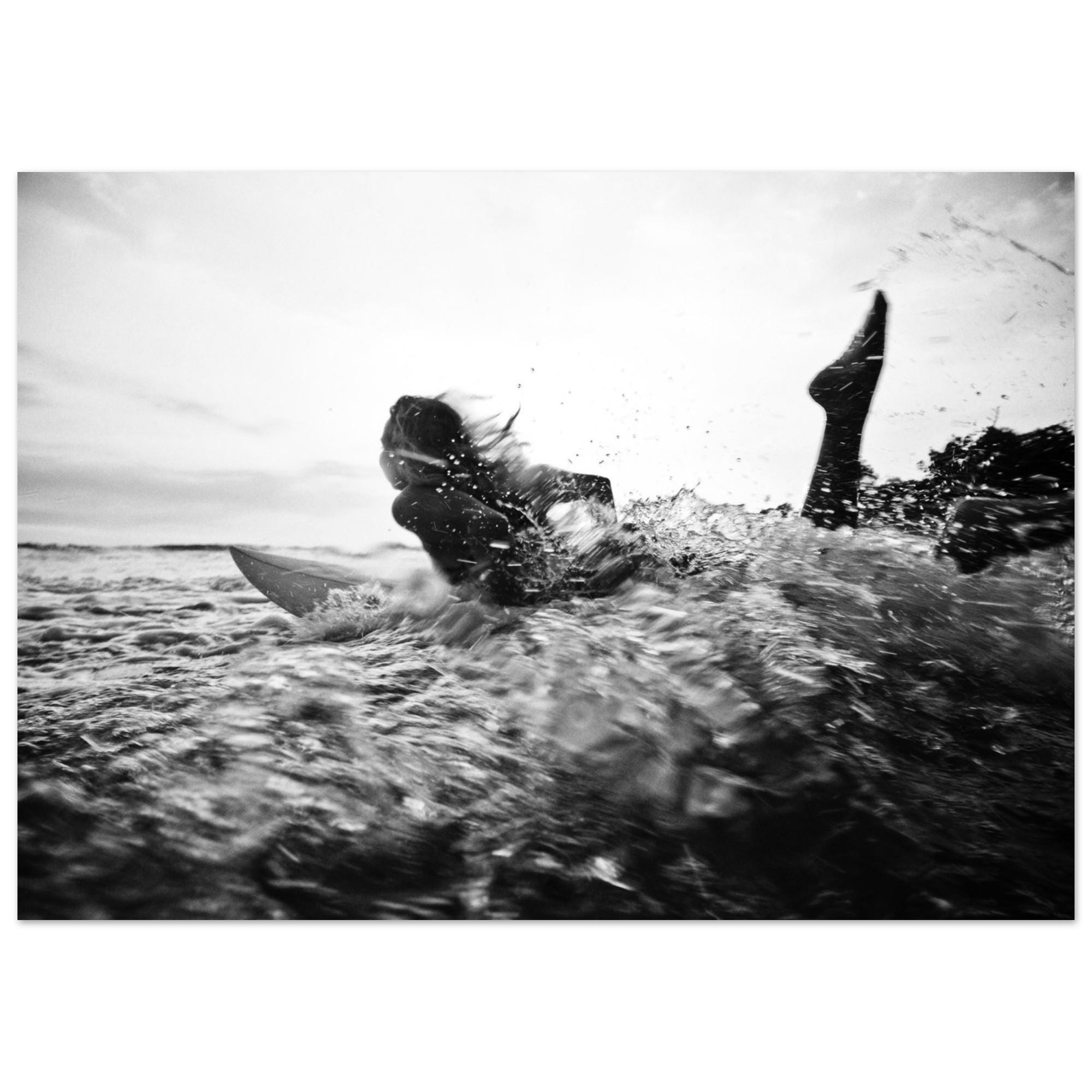Surf Girl Poster, Black and White Wave Ride Ocean Wall Art Print 