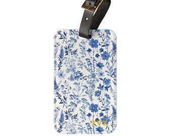 Personalized Blue Wildflower Luggage Tag: Acrylic Travel ID with Leather Strap