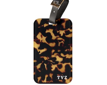 Personalized Tag for luggage - Custom Tortoise Shell Tag with Leather Strap, Perfect Travel Accessory for Stylish Getaways