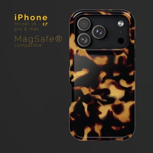 May include: A protective iPhone case with a tortoiseshell pattern in shades of brown and black. The case is designed for iPhone models 16 and 17 Pro & Max and is MagSafe compatible. The case has a glossy finish.