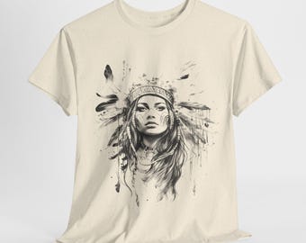 May include: A beige t-shirt with a black and white graphic print of a Native American woman wearing a headdress. The woman's face is painted with black and white markings.