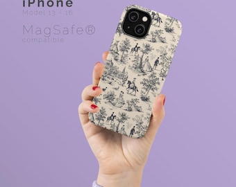 Peut inclure: Une coque de téléphone iPhone 13-16 blanche avec un motif toile noir et blanc. La coque est compatible avec MagSafe.