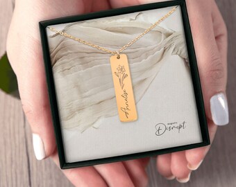 Personalized Birth Flower Pendant Necklace – Custom Engraved Jewelry Gift
