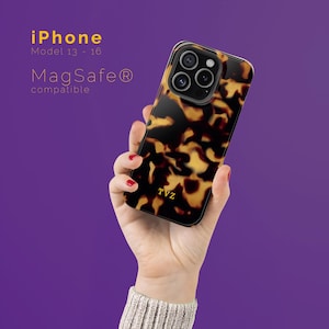 MagSafe iPhone-hoesje tortoise Shell - aanpasbare initialen - luxe glanzende of matte beschermhoes - iPhone 13 tot iPhone 16 Pro Max