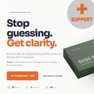 Puede incluir: Imagen promocional con el texto "Stop guessing. Get clarity." Se ve una caja verde con el texto "BASE PACK AI Portfolio". Un signo más y la palabra "SUPPORT" están en un círculo gris.