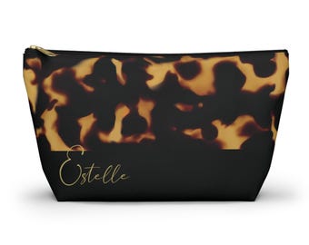 PERSONALIZED Tortoise Shell Makeup Bag, Custom Tortoiseshell Travel Pouch, Chic Turtle Shell Bridesmaid Gift