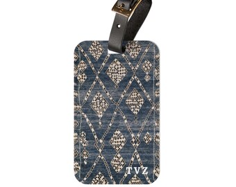 Custom Monogram Luggage Tag, Blue Geometric Acrylic Travel Tag with Leather Strap, Personalized Bag Tag Gift