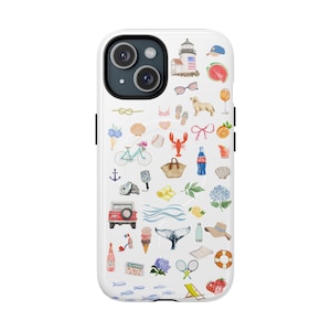 May include: White iPhone case with a watercolour design featuring beach-themed illustrations. Includes a lighthouse, watermelon, sunglasses, a dog, a bicycle, a lobster, a red jeep, and other summer icons.