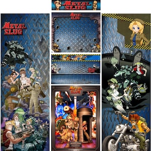 May include: A collage of Metal Slug artwork featuring characters, vehicles, and the game's logo. The images include action scenes with soldiers, mechs, and the text "INSERT COIN". The background has a diamond plate texture.