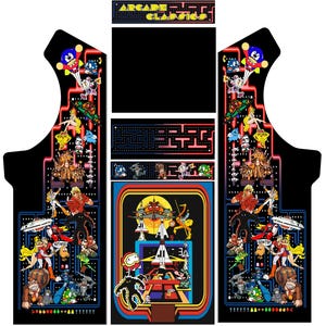 May include: Black arcade cabinet graphic with colorful illustrations of classic video game characters. The design includes the text "ARCADE CLASSICS" at the top, and features characters from games like Pac-Man, Donkey Kong, and Space Invaders.