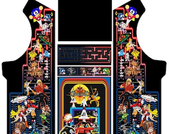 Gabinete de Arcade Multicade Clássico | Arte de Arcade Retrô | Design de Máquina de Jogos em Tamanho Real | Colagem de Personagens de Arcade | Adesivos para Gabinete