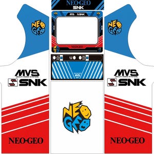 Puede incluir: Gráfico de una máquina recreativa blanca, roja y azul con el texto "NEO-GEO" y "SNK". El diseño incluye un área de pantalla, un panel de control y paneles laterales con logotipos y texto. La máquina tiene una estética de juego retro.