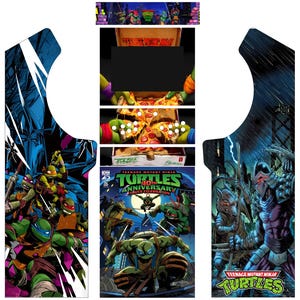 Puede incluir: Portada del cómic Teenage Mutant Ninja Turtles 40th Anniversary con las cuatro tortugas en poses de acción. La portada es azul, verde y negra con fondo blanco. El título "Teenage Mutant Ninja Turtles 40th Anniversary Comics Celebration" está impreso en blanco en la portada.