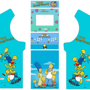 Op de afbeelding: Arcadekastpanelen met de Simpsons-personages en logo. Het ontwerp bevat afbeeldingen van de familie, donuts en scènes uit de show, tegen een blauwe achtergrond. De zijpanelen van de kast hebben een unieke vorm.
