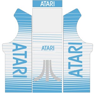 May include: A light blue and white Atari arcade cabinet design. The design features the Atari logo and text in blue, with a striped pattern. The cabinet design is for a classic arcade game.