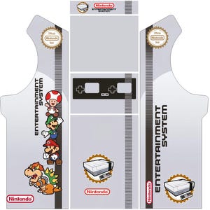 May include: A light gray arcade cabinet panel design featuring the Nintendo Entertainment System logo and characters. The design includes the console, controller, and characters like Mario, Luigi, Toad, and Bowser. The words "ENTERTAINMENT SYSTEM" and "Nintendo" are also visible.