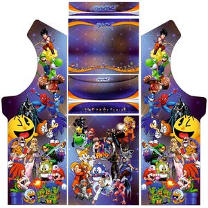 May include: A vibrant arcade machine graphic featuring a collage of video game characters. The design includes characters from various franchises, set against a purple and blue geometric background. The word "MAME" is visible.