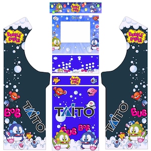 Puede incluir: Ilustración para máquina recreativa con personajes y logotipos del juego Bubble Bobble. El diseño incluye un fondo azul oscuro con burbujas blancas e ilustraciones coloridas de los personajes del juego. El logotipo de Taito también es visible.