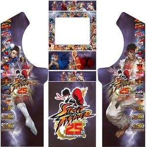 Op de afbeelding: Een Street Fighter 25th Anniversary arcadekast graphic. Het ontwerp bevat iconische personages en logo's uit de vechtspelserie, met een paars en wit kleurenschema. De illustratie bevat afbeeldingen van Ryu, Chun-Li en andere personages.
