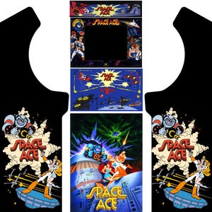 May include: Black arcade cabinet side art featuring Space Ace graphics. The artwork includes images of characters, spaceships, and the Space Ace logo. The design is colorful with a retro, cartoon style.