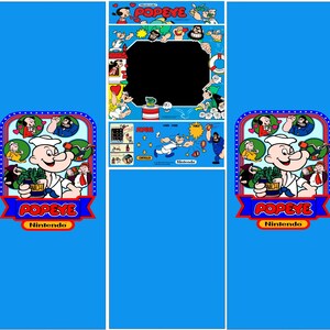 Puede incluir: Un vibrante diseño de superposición de gabinete de juegos arcade con Popeye el Marino. El diseño incluye a Popeye sosteniendo espinacas, rodeado de otros personajes y el texto "Popeye Nintendo". El fondo es azul brillante.