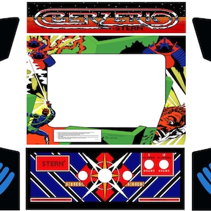 Puede incluir: Un conjunto completo de gráficos de gabinete de arcade para el juego "Berzerk". El conjunto incluye arte lateral, una superposición del panel de control y una marquesina. Los gráficos presentan un fondo negro con acentos rojos, azules y blancos, y el logotipo "Berzerk".