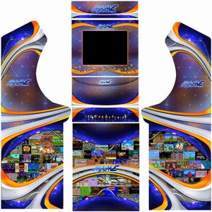 Puede incluir: Un adhesivo para cabina de arcade azul y naranja con un diseño estilizado que presenta un patrón de líneas curvas y la palabra "MAME" en letras blancas. El adhesivo presenta un collage de capturas de pantalla de videojuegos.