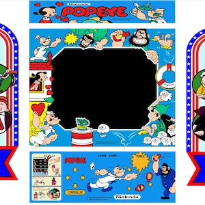 Puede incluir: Ilustración colorida para la máquina recreativa con Popeye el Marino. El diseño incluye a Popeye sosteniendo espinacas, rodeado de otros personajes y la palabra "Popeye" en rojo. También es visible el logotipo de Nintendo.