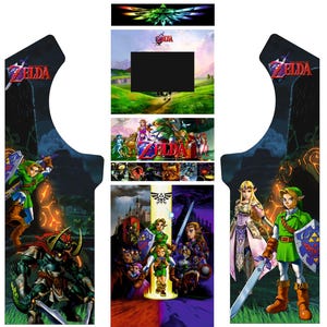 Könnte beinhalten: Seitenwand eines Spielautomaten mit Kunstwerken aus dem Videospiel "Zelda". Das Design umfasst das "Zelda"-Logo, Charaktere und Szenen aus dem Spiel. Die Farbpalette umfasst Grün, Blau und Rot.