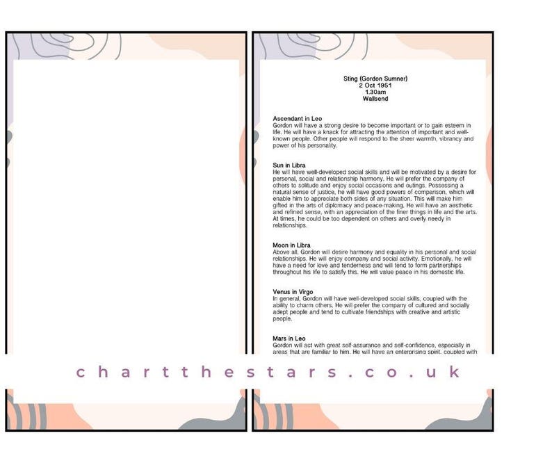 May include: An astrology chart featuring the name "Sting (Gordon Sumner)" and the website "chartthestars.co.uk". The chart details astrological placements like Ascendant in Leo, Sun in Libra, Moon in Libra, Venus in Virgo, and Mars in Leo.
