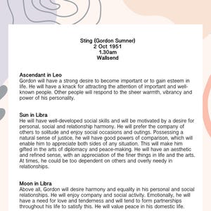 May include: A cream-coloured page with text detailing Sting's astrological chart, including his birth date, time, and location. The text describes his ascendant, sun, and moon signs, with abstract shapes in the background.