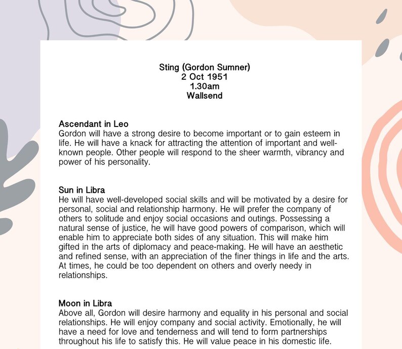 May include: A cream-coloured page with text detailing Sting's astrological chart, including his birth date, time, and location. The text describes his ascendant, sun, and moon signs, with abstract shapes in the background.
